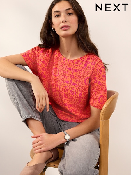 Morris & Co St James Oranssi/Vaaleanpunainen Printti; kuvio - Bubble Hem Boxy T-paita (AB6646) | €38