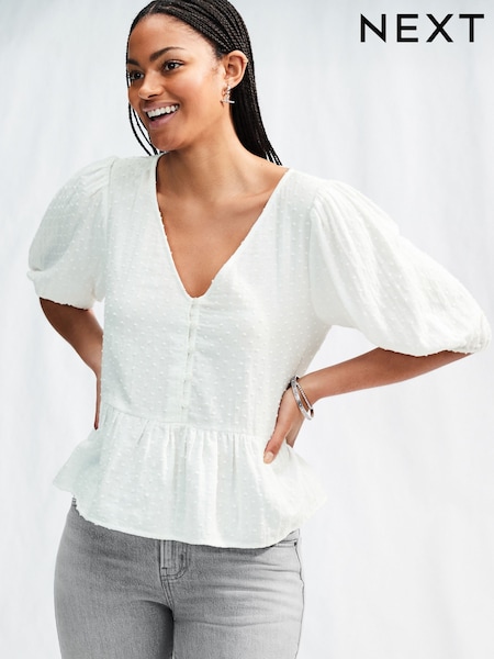 White Puff Short Sleeve Doublecloth 100% Cotton Blouse (AB6649) | €36