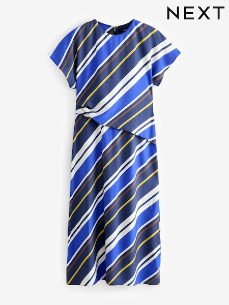 Navy Blue Stripe Short Sleeve Drape Detail Midi Dress (AB6653) | 1,696 UAH