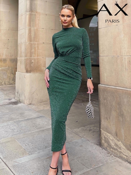 AX Paris Green Sparkly Long Sleeve Ruched Bodycon Midi Dress (AB6740) | 214 LEI