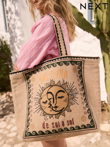 טבעי - Embroidered Jute Shoulder Bag (AB6817) | ‏194‏₪
