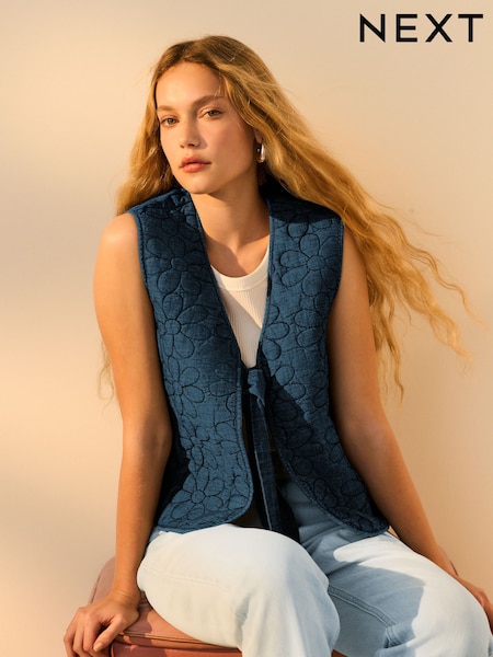 Albastru denim - Padded Daisy Embroidered Tie Front 100% Cotton Gilet (AB6824) | 313 LEI