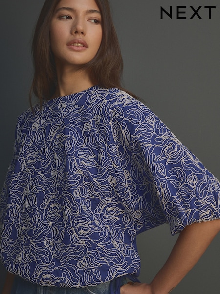 Cobalt Blue Puff Sleeve Cornelli Detail Drawstring Top (AB6897) | kr370