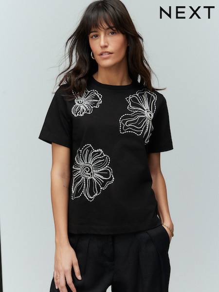שחור - Beaded Floral Embelished 100% Cotton T-shirt (AB6901) | ‏83‏₪