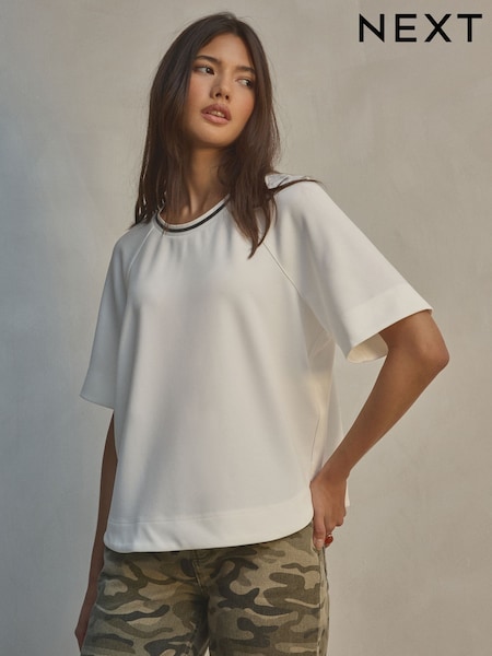 White Contrast Neck Trim Crepe Boxy T-Shirt (AB6912) | €27