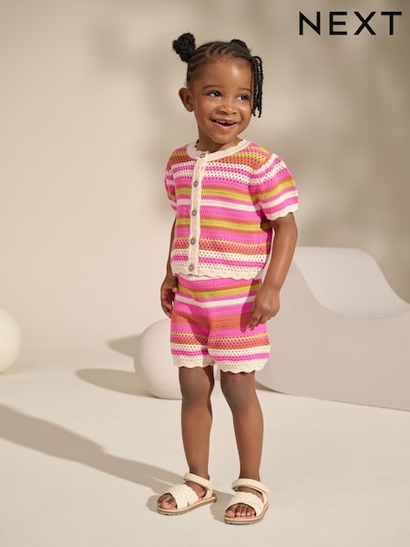Pink Knitted Stripe Co-ord 100% Cotton Top & Shorts Set (3mths-7yrs) (AB6937) | CA$65 - CA$76