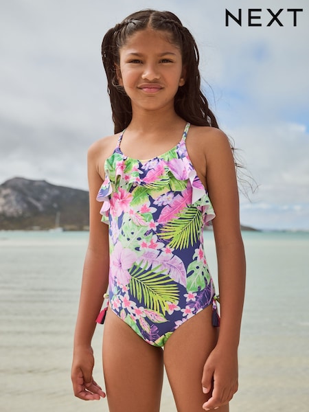 Purple/Navy Tropical Frill Swimsuit (3-16yrs) (AB6981) | €19 - €26