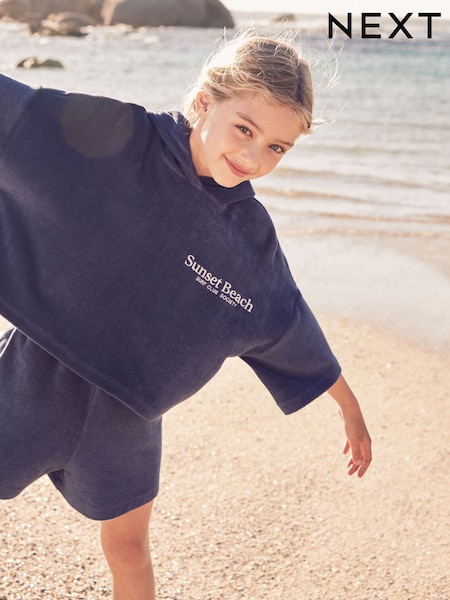 Navy Blue Slogan Towelling Beach Co-Ord Hoodie And Shorts Set (3-16yrs) (AB7023) | €25 - €32