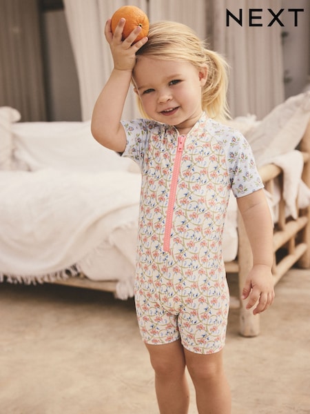 ブルー / ピンク フローラル - Frill Sleeve Sunsafe Swimsuit (3mths-10yrs) (AB7031) | ¥ 2,530 - ¥ 2,920