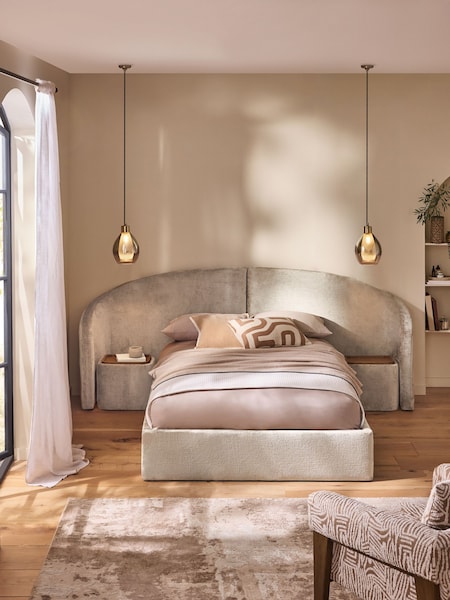 Plush Chenille Oyster Alderley Upholstered Ottoman Hotel Bed with Seating Bedsides (AB7057) | €1,850 - €1,975