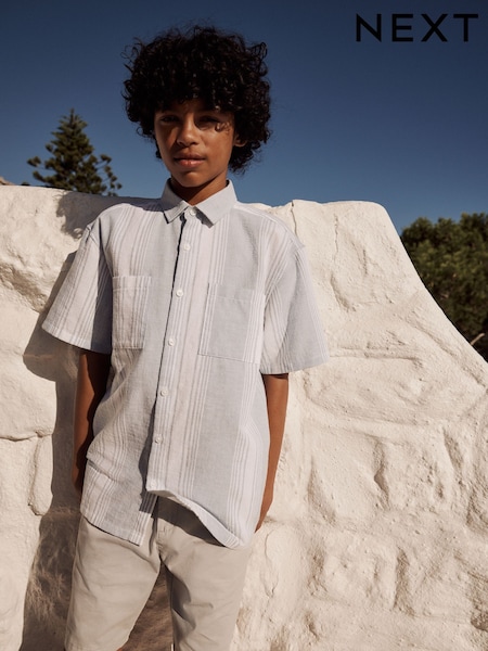 Pale Blue Short Sleeve Linen Blend Stripe Shirt (3-16yrs) (AB7073) | 64 QAR - 89 QAR