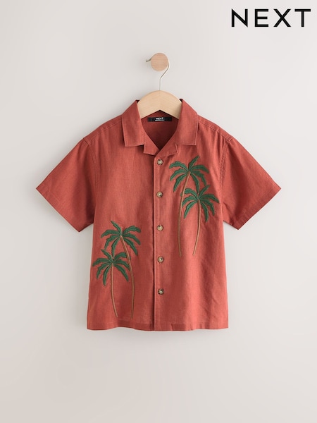 Rust Brown Short Sleeves Revere Collar Palm Printed Shirt (3-16yrs) (AB7075) | 64 QAR - 89 QAR