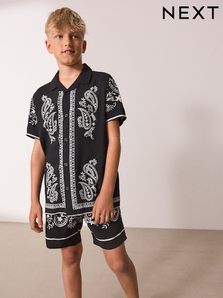 Black/White Short Sleeve Boarder Printed Shirt and Shorts Set (3-16yrs) (AB7094) | 124 QAR - 153 QAR