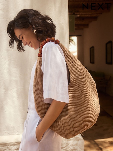Tan Brown Ball Raffia Shoulder Bag (AB7108) | €99