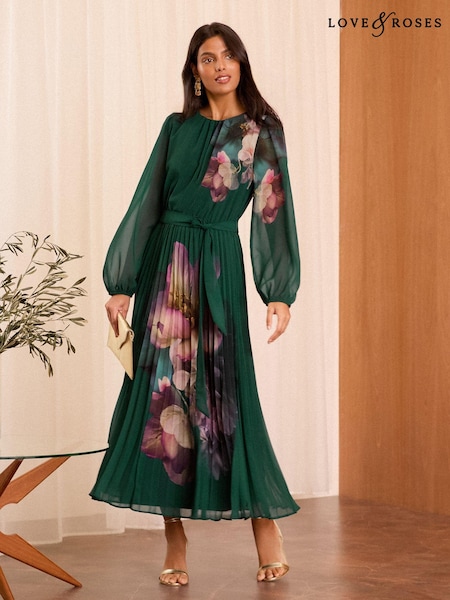 Love & Roses Printed Belted Pleated Long Sleeve Midi Dress (AB7142) | 411 LEI