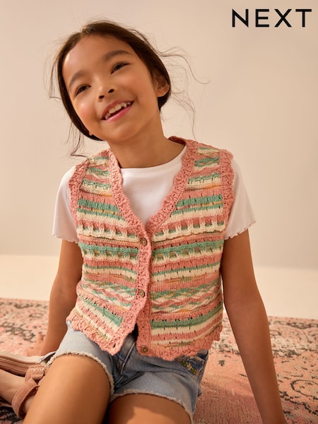 Peach/Blue Knitted 100% Cotton Waistcoat (3-16yrs) (AB7178) | kr368 - kr451
