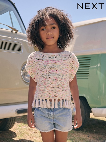 Ecru Knitted Tassle Top (3-16yrs) (AB7180) | kr351 - kr434