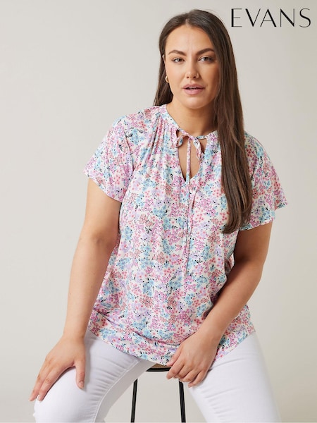 Evans Pink Tie Neck Frill Sleeve Blouse (AB7315) | 129 LEI