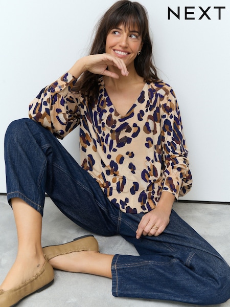 Animal Print Long Sleeve V-Neck Jersey Blouse (AB7348) | 1,131 UAH