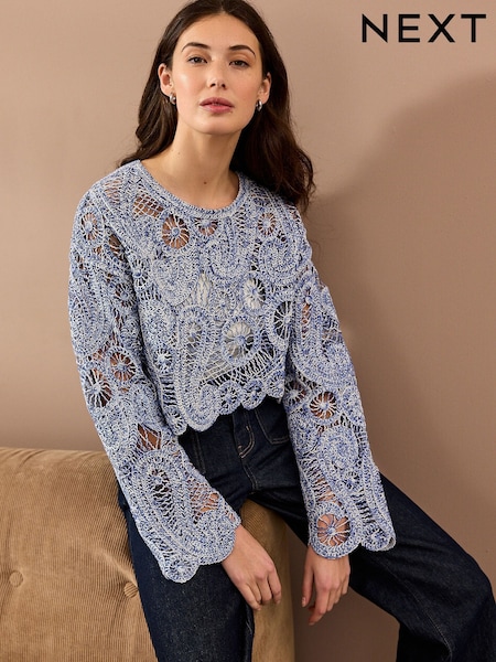 Blue Marl Long Sleeve Boho Crochet Cropped Top (AB7361) | €43