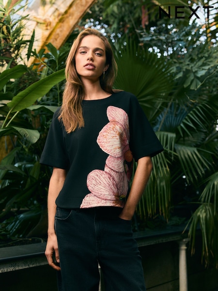 Black Blossom Print Kew Collection Crepe Short Sleeve Boxy T-Shirt (AB7370) | 1,272 UAH