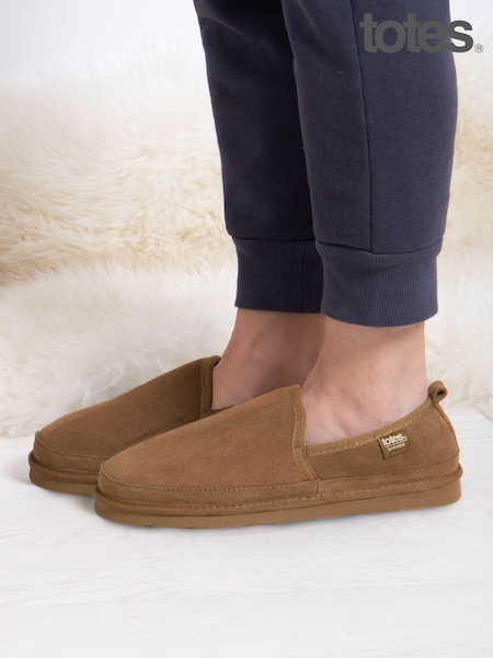 Totes Brown Mens Isotoner Real Suede Full Back Slippers (AB7397) | €64
