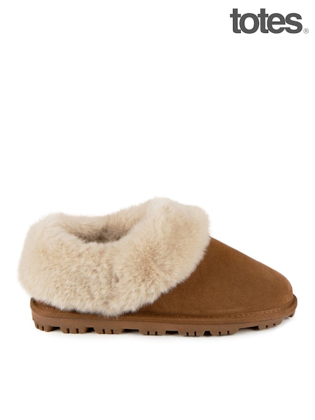 Totes Brown Ladies Isotoner Real Suede Bootie Slippers (AB7404) | ₪191