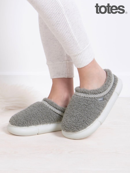 Totes Grey Ladies Icon Winter Borg Mule Slippers with Platform Sole (AB7409) | €32