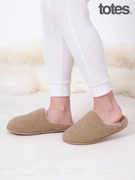 Totes Natural Ladies Isotoner Curly Faux Fur Winter Mule Slippers (AB7413) | €15.50