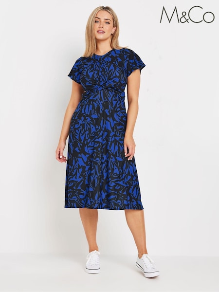 M&Co Black Printed Short Sleeve Twist Front Dress (AB7425) | €24