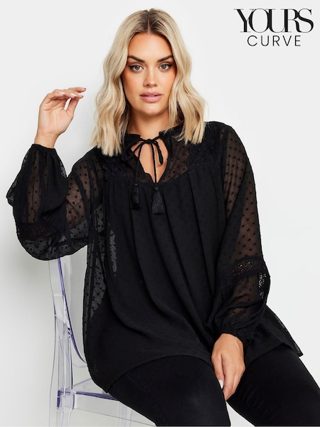 Yours Curve Black Dobby Slub Lace Blouse (AB7433) | €43