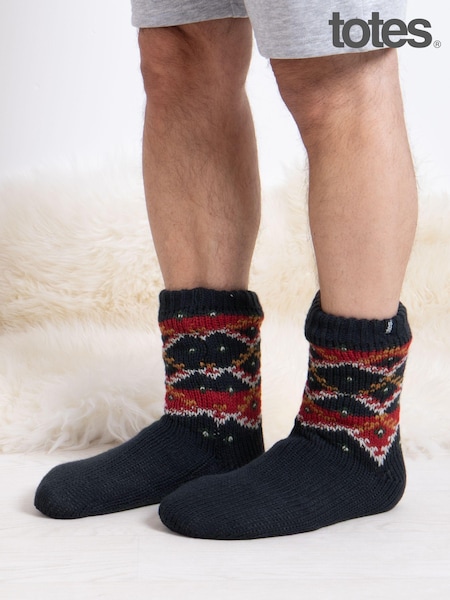 כחול כהה - Totes Mens Pattern Winter Slipper Socks (AB7775) | ‏91‏₪
