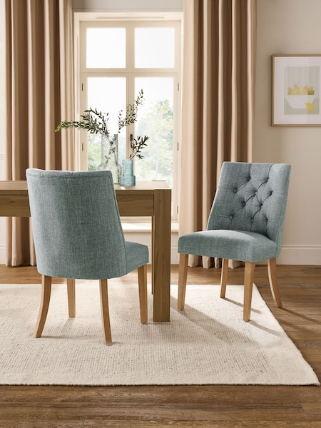 Set of 2 Chunky Weave Mid Blue Wolton Light Wood Leg Collection Luxe Button Dining Chairs (AB7813) | €455