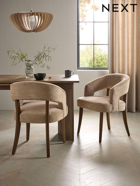 Set of 2 Fine Chenille Sand Natural Remi Dark Wood Leg Dining Chairs (AB7819) | €440