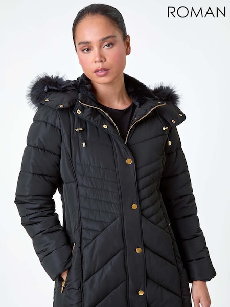 Roman Black Faux Fur Hood Longline Quilted Coat (AB7892) | 5,407 UAH