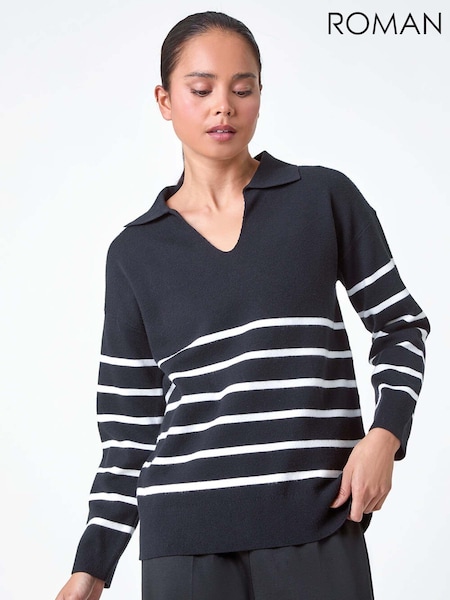 Roman Black Stripe Print Collared Knit Jumper (AB7895) | AED277