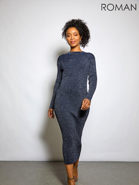 Roman Blue Shimmer Ribbed Knit Bodycon Dress (AB7904) | €69