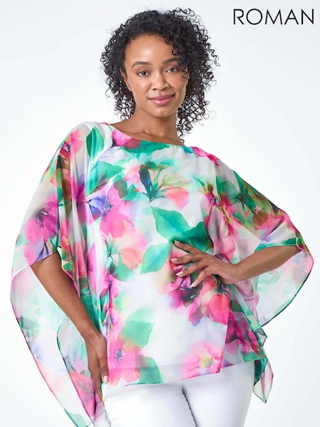 Roman Pink Petite Floral Print Overlay Top (AB7925) | €51