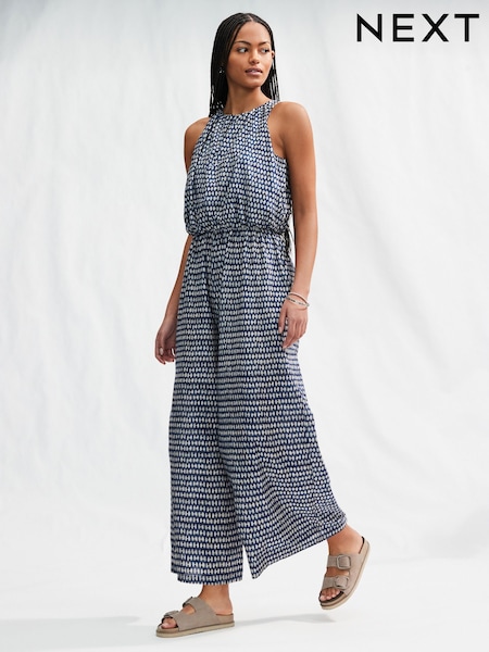 Estampado geométrico azul - Sleeveless Wide Leg 100% Cotton Jumpsuit (AB8111) | 46 €