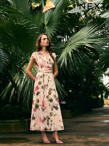 Cream Tropical Pleated Mesh Print V-Neck Occasion Midi Dress (AB8144) | 368 QAR