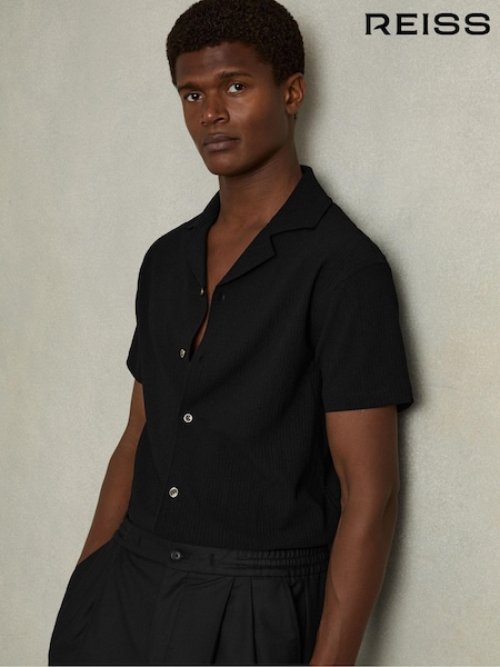 Reiss Black Hunt Textured Cuban Collar Shirt (AB8217) | 500 QAR