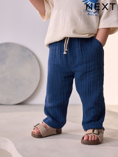 Navy Blue Stripe Soft Textured 100% Cotton Trousers (3mths-7yrs) (AB8364) | €13 - €16