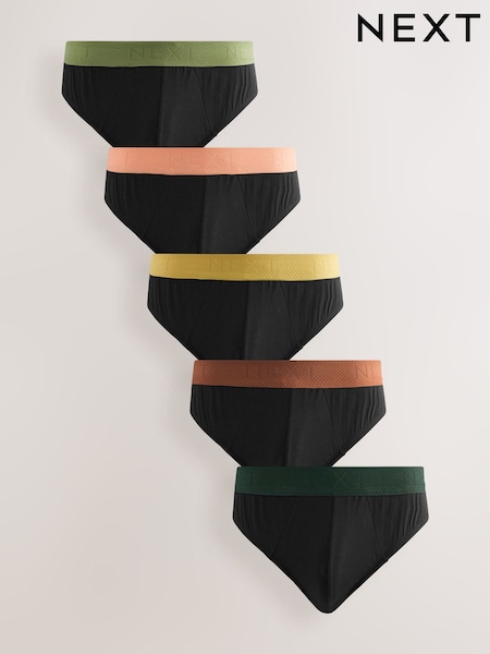 Black Green/Rust Textured Waistband 5 Pack Cotton Rich Briefs (AB8433) | €28