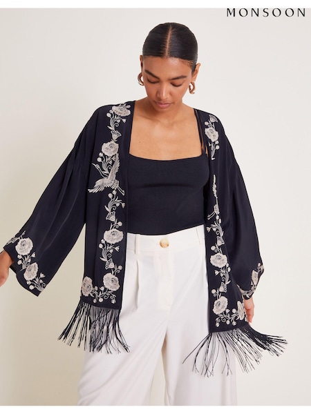 Monsoon Black Erin Embroidered Fringe Jacket (AB8792) | €44