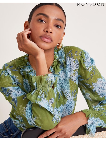 Monsoon Green Eva Floral Ruffle Blouse (AB8793) | €41.50