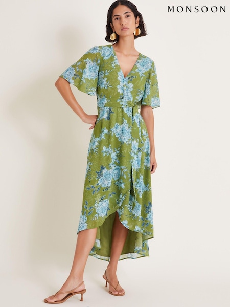 Monsoon Green Eva Floral Wrap Midi Dress (AB8796) | €99