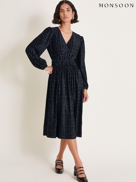 Monsoon Black Shiloh Plisse Spot Midi Dress (AB8824) | €51