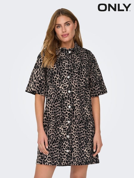 ONLY Natural Leopard Print Denim Short Shirt Dress (AB9102) | €32