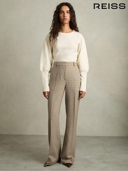 Reiss Brown Check Vida Petite Wool Wide-Leg Houndstooth-Check Trousers (AB9311) | €286