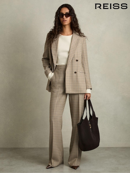 Reiss Brown Check Vida Petite Wool Double-Breasted Houndstooth-Check Blazer (AB9313) | €238